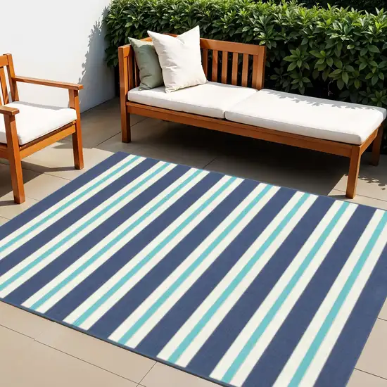 Blue and Ivory Geometric Stain Resistant Indoor Outdoor Area Rug Photo 1