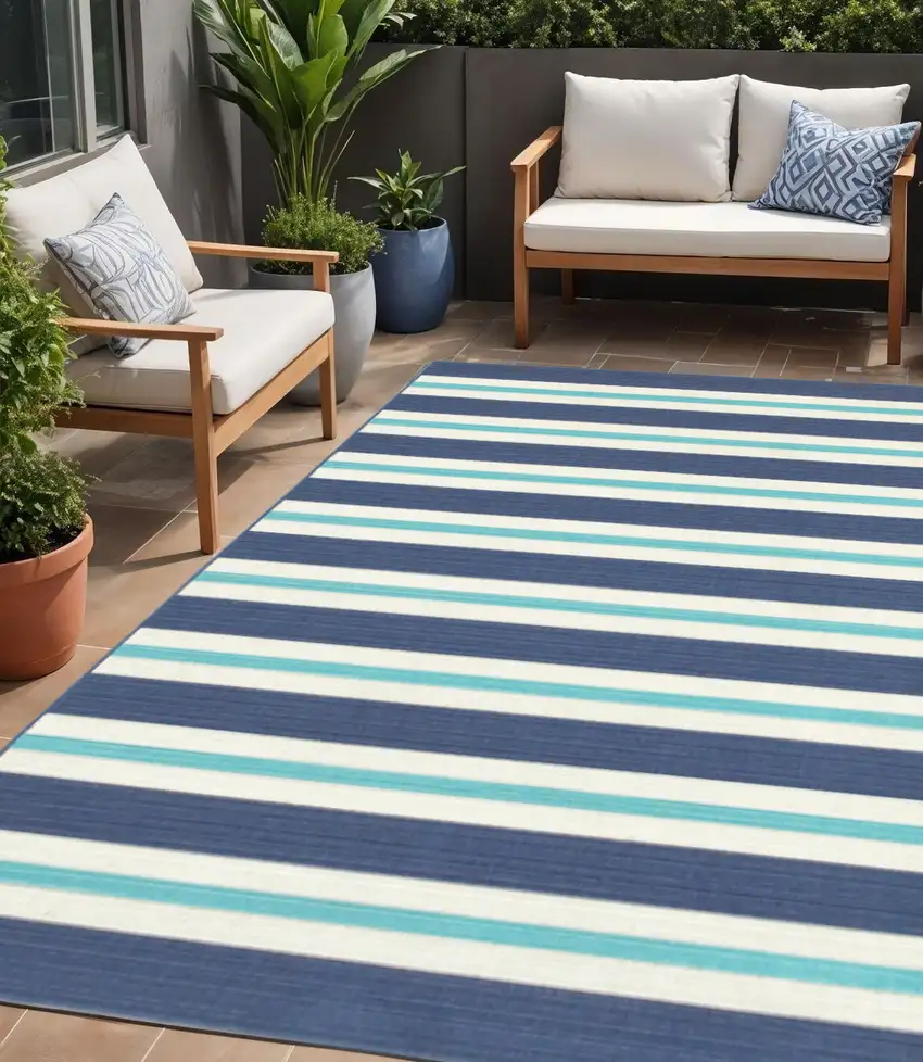 Blue and Ivory Geometric Stain Resistant Indoor Outdoor Area Rug Photo 1