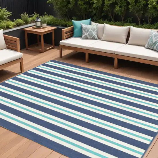 Blue and Ivory Geometric Stain Resistant Indoor Outdoor Area Rug Photo 1