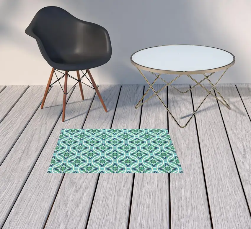 Blue Geometric Stain Resistant Indoor Outdoor Area Rug Photo 2