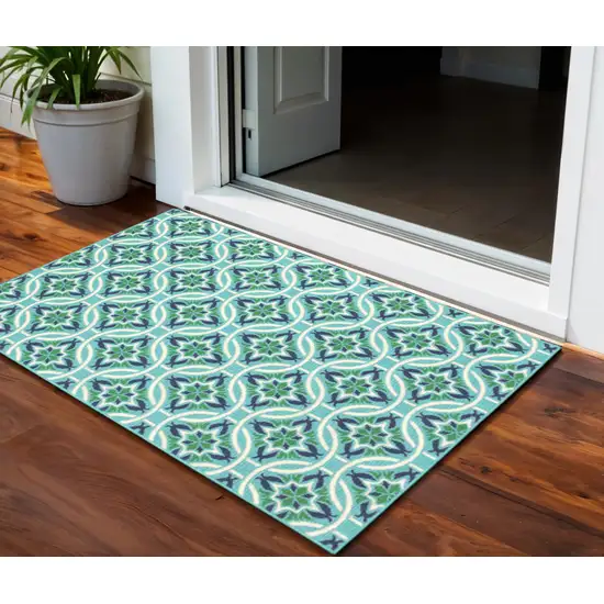 Blue and Green Geometric Stain Resistant Indoor Outdoor Area Rug Photo 1
