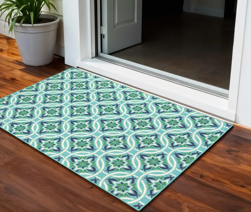 Blue and Green Geometric Stain Resistant Indoor Outdoor Area Rug Photo 1