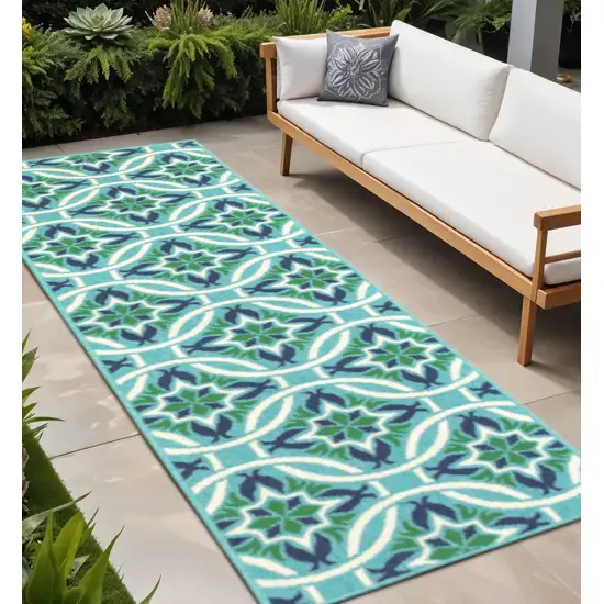 Blue and Green Geometric Stain Resistant Indoor Outdoor Area Rug Photo 1