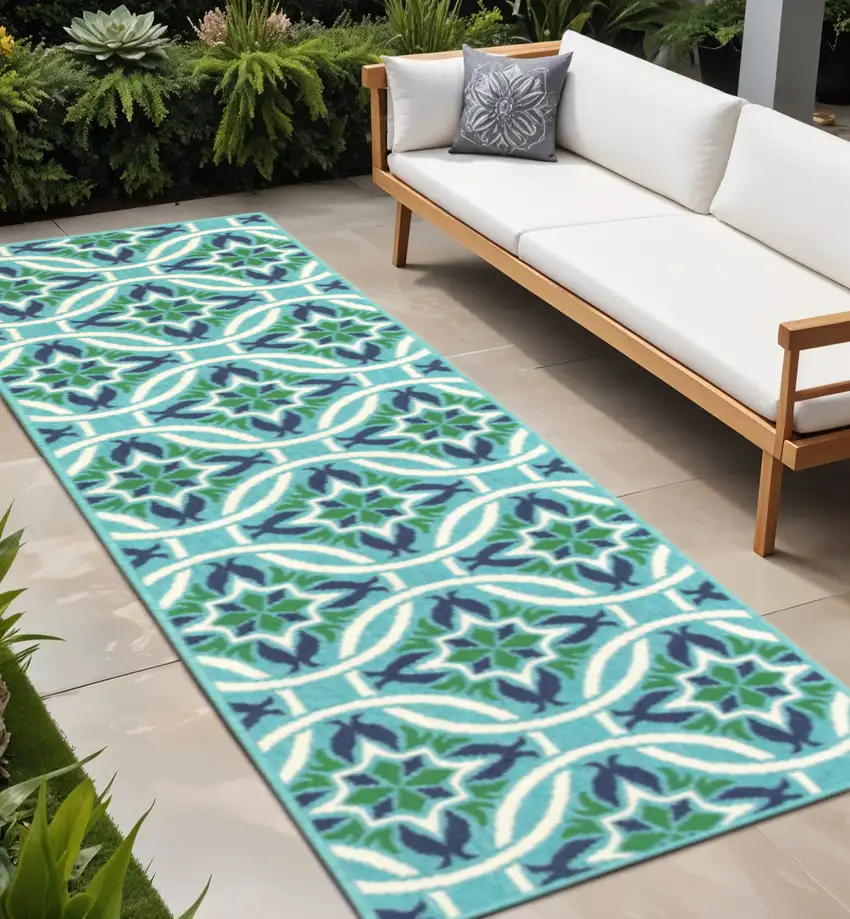 Blue and Green Geometric Stain Resistant Indoor Outdoor Area Rug Photo 1