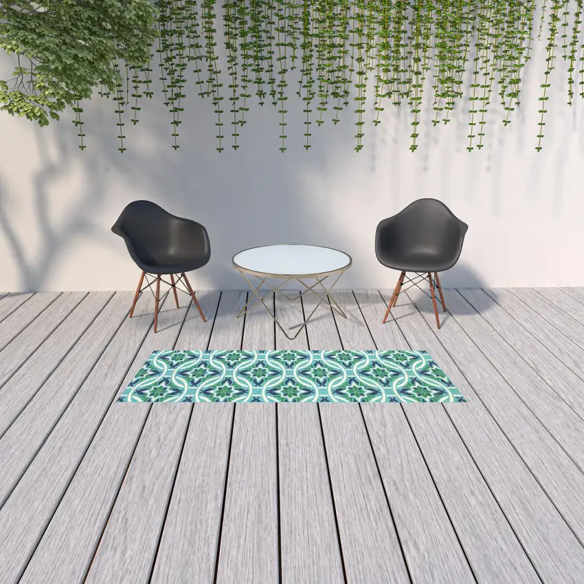 Blue Geometric Stain Resistant Indoor Outdoor Area Rug Photo 4