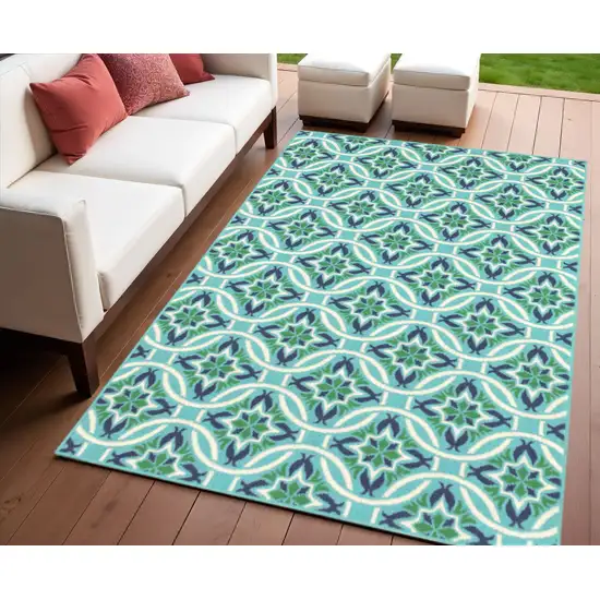 Blue and Green Geometric Stain Resistant Indoor Outdoor Area Rug Photo 1