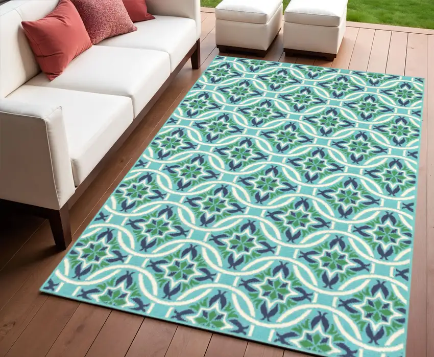 Blue and Green Geometric Stain Resistant Indoor Outdoor Area Rug Photo 1