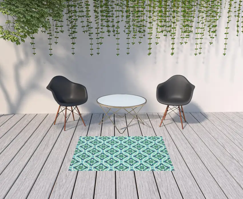 Blue Geometric Stain Resistant Indoor Outdoor Area Rug Photo 2