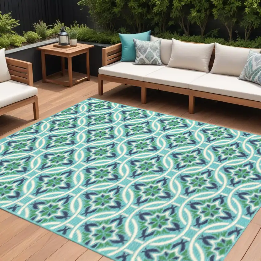Blue and Green Geometric Stain Resistant Indoor Outdoor Area Rug Photo 1