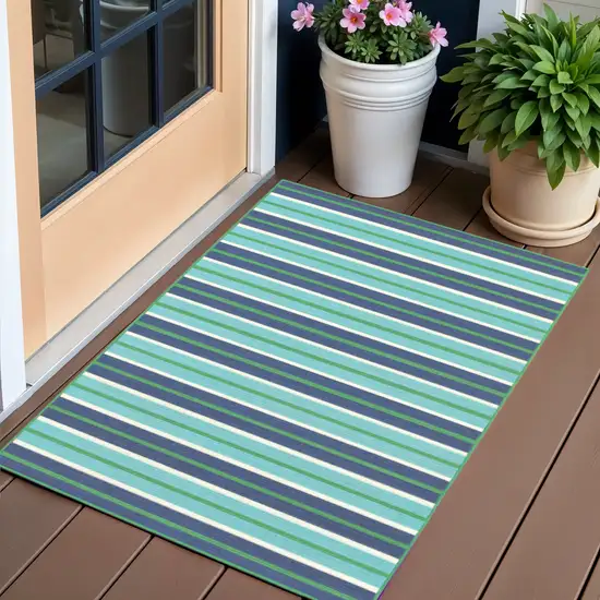Blue and Green Geometric Stain Resistant Indoor Outdoor Area Rug Photo 1