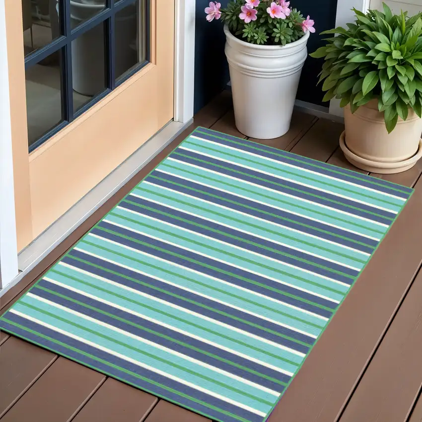 Blue and Green Geometric Stain Resistant Indoor Outdoor Area Rug Photo 1