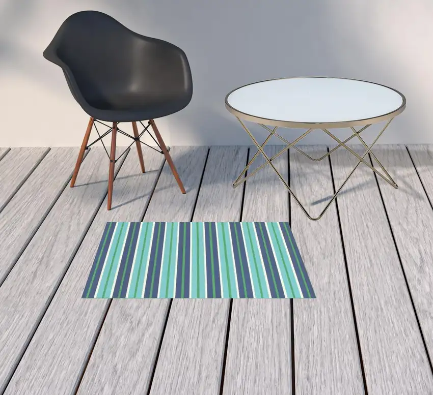 Blue Geometric Stain Resistant Indoor Outdoor Area Rug Photo 2
