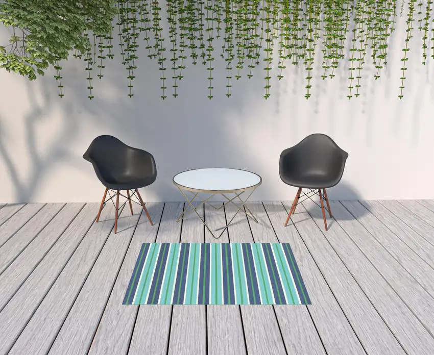 Blue Geometric Stain Resistant Indoor Outdoor Area Rug Photo 2