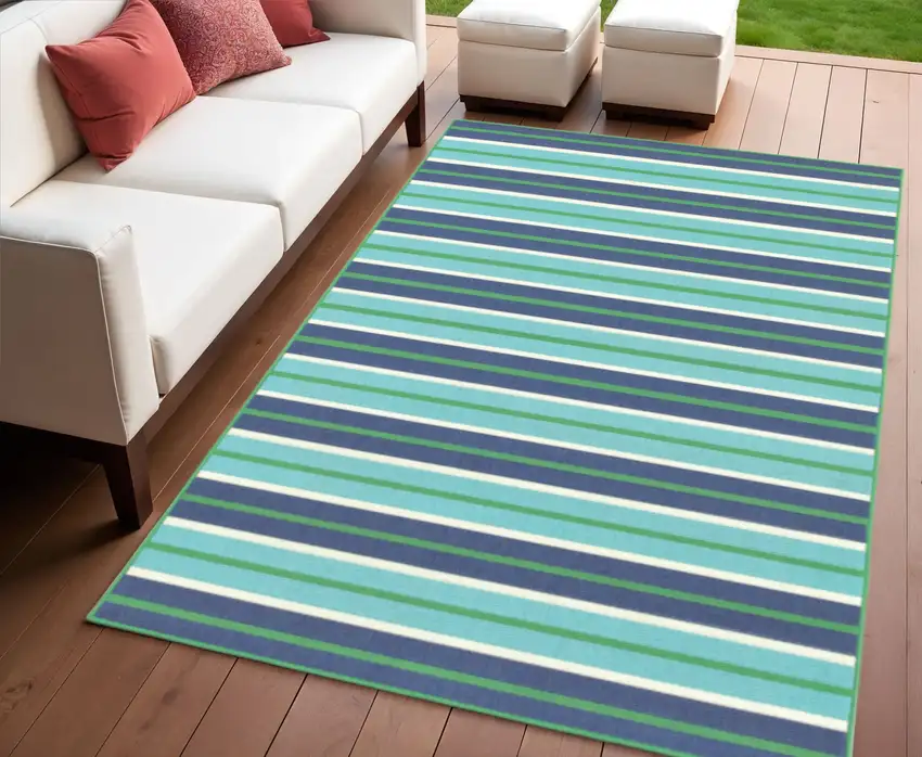 Blue and Green Geometric Stain Resistant Indoor Outdoor Area Rug Photo 1
