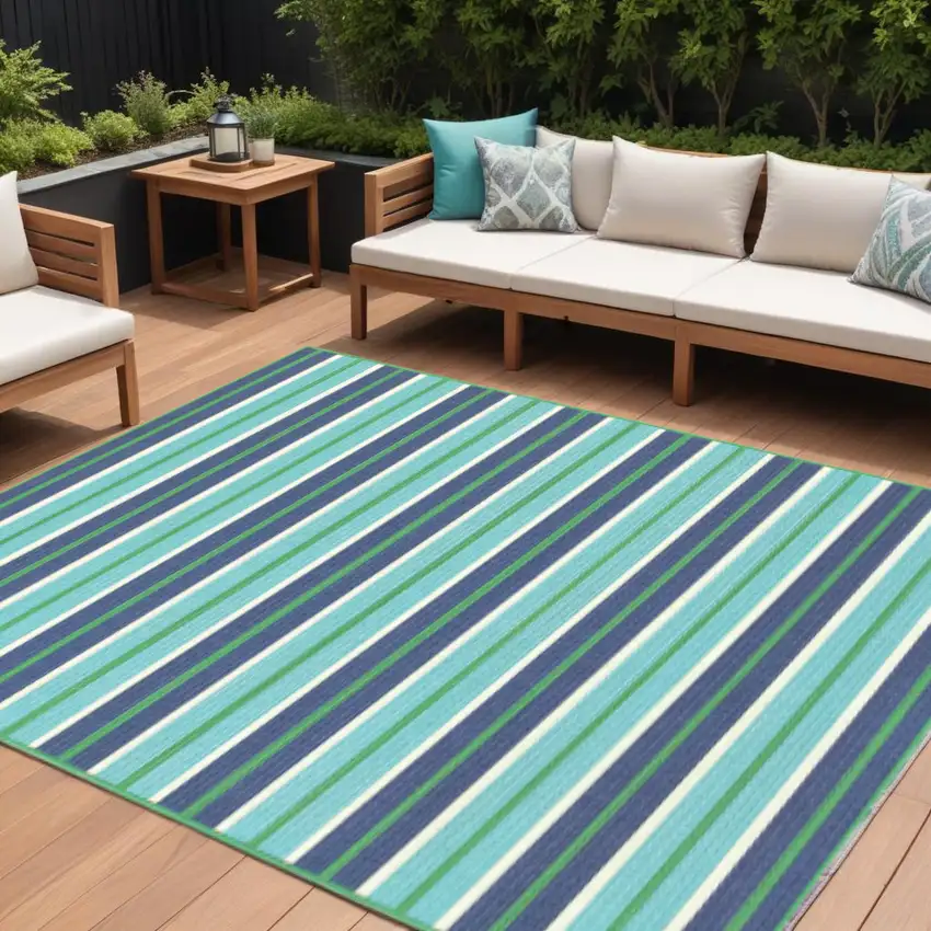 Blue and Green Geometric Stain Resistant Indoor Outdoor Area Rug Photo 1