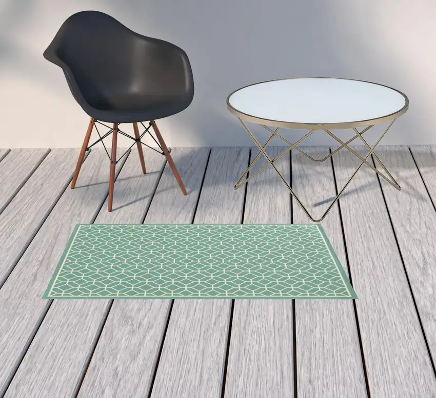 Blue Geometric Stain Resistant Indoor Outdoor Area Rug Photo 2