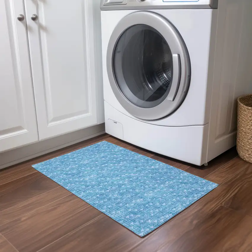 Blue Geometric Washable Non Skid Indoor Outdoor Area Rug Photo 8