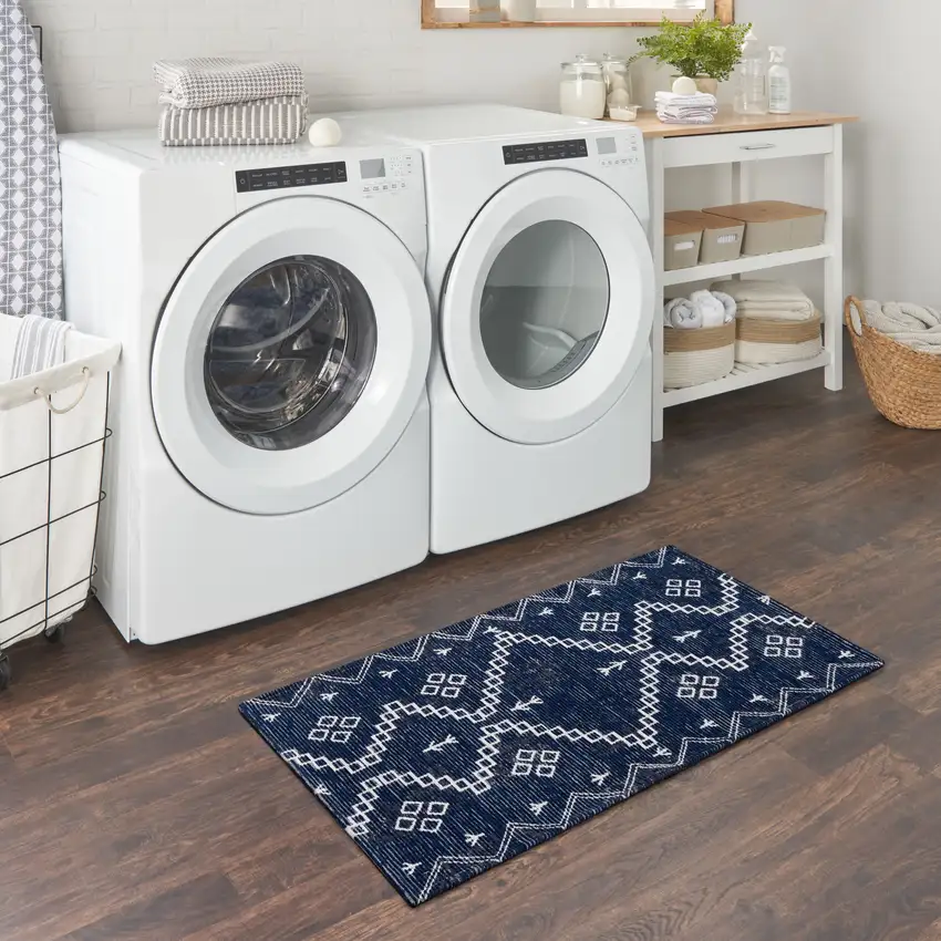 Blue Geometric Worn Faded Area Rug Photo 5