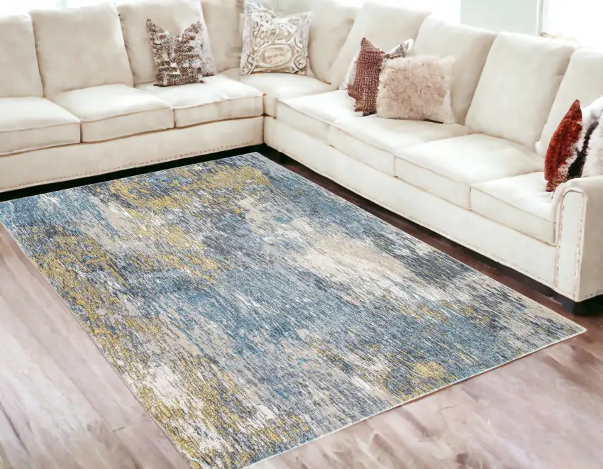 Blue And Gold Abstract Dhurrie Area Rug Photo 1