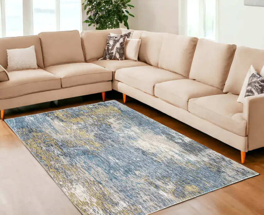 Blue And Gold Abstract Dhurrie Area Rug Photo 1