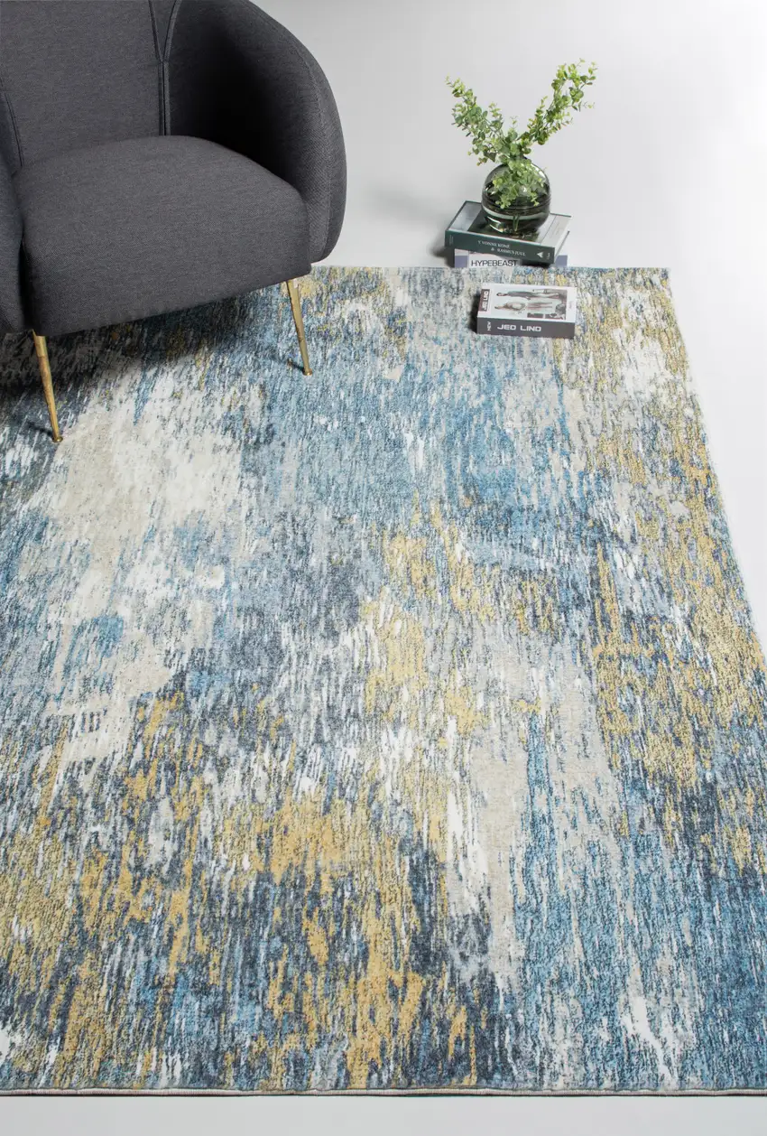 Blue Gold Abstract Painting Modern Area Rug Photo 7