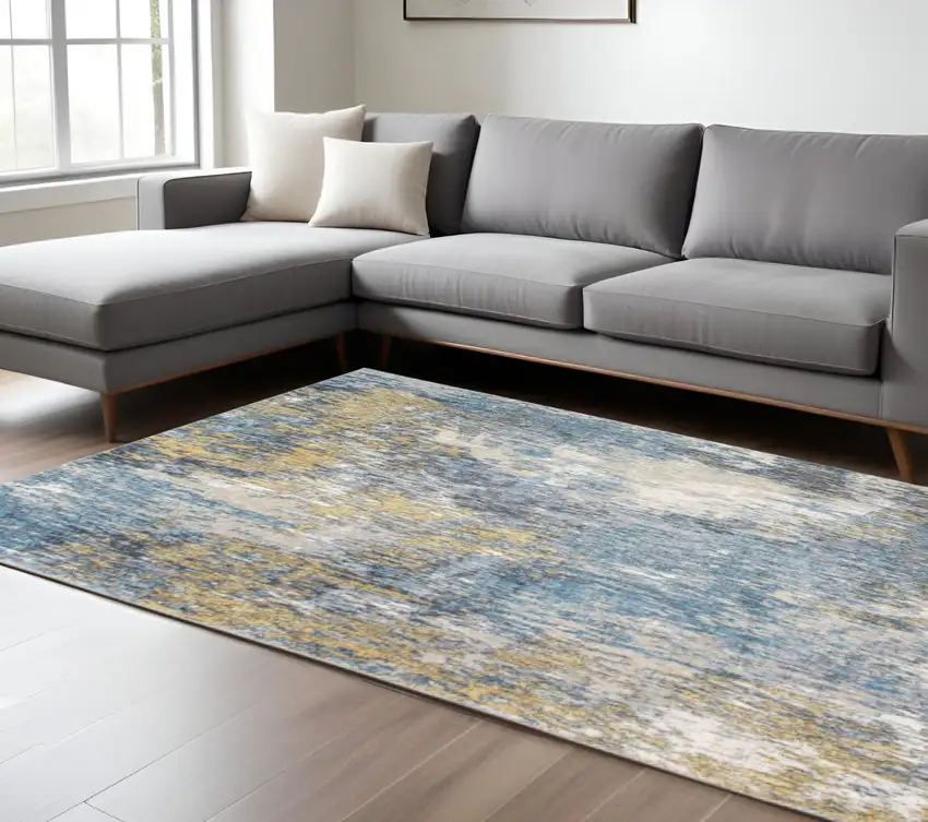 Blue and Gold Abstract Area Rug Photo 1