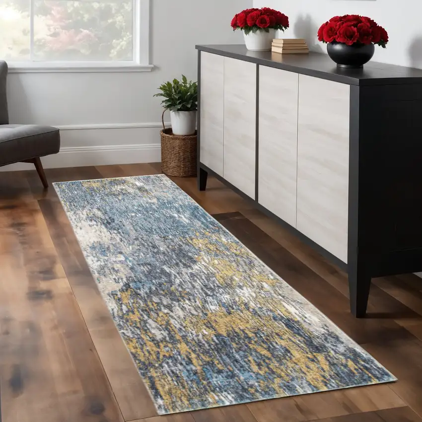 8' Blue And Gold Abstract Runner Rug Photo 1