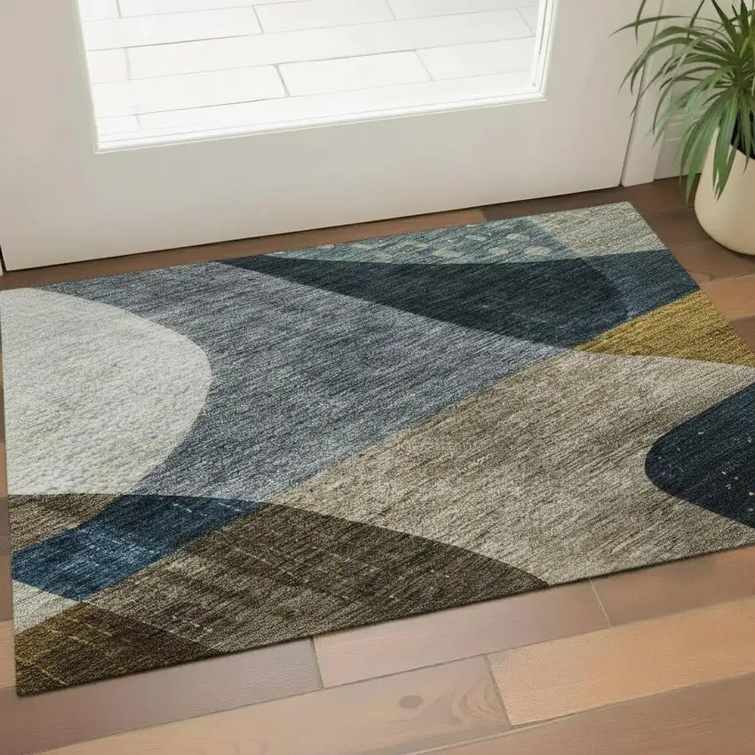 Blue Gold And Beige Abstract Geometric Washable Area Rug With UV Protection Photo 2