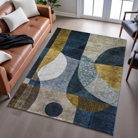 Blue Gold And Beige Abstract Geometric Washable Area Rug With UV Protection Photo 3