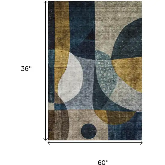 Blue Gold And Beige Abstract Geometric Washable Area Rug With UV Protection Photo 8
