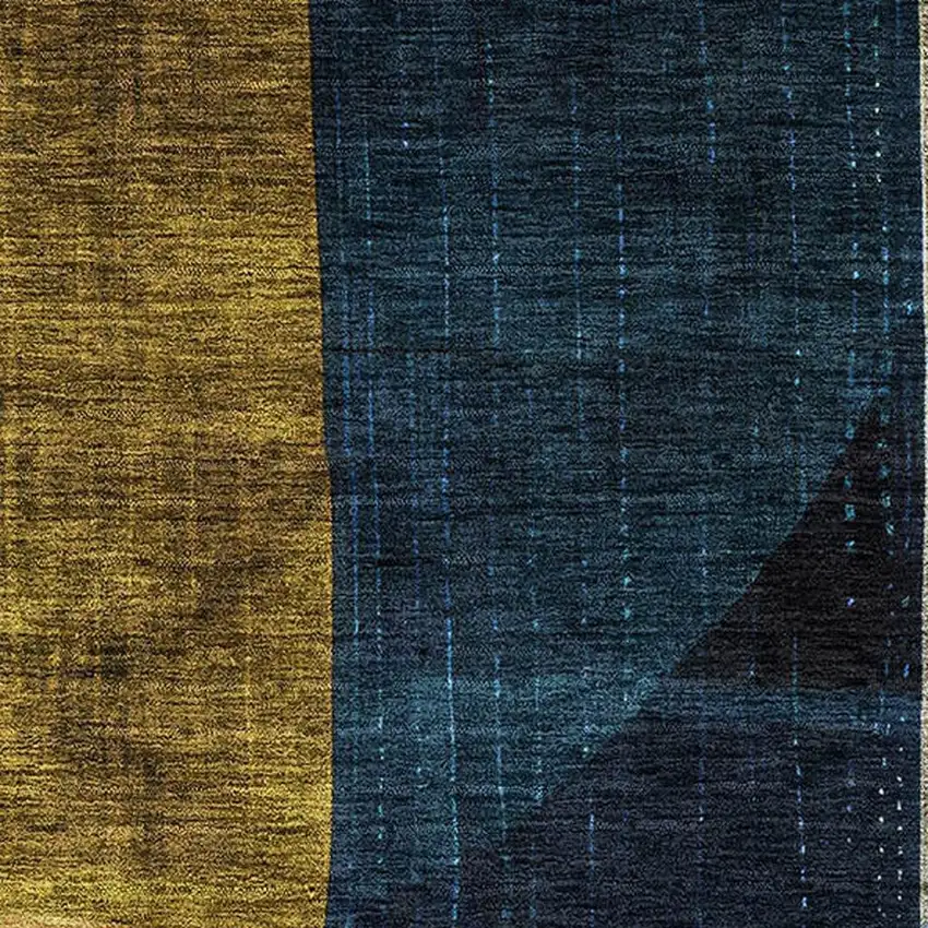 Blue Gold And Beige Abstract Geometric Washable Area Rug With UV Protection Photo 3