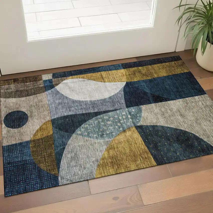 Blue Gold And Beige Abstract Geometric Washable Area Rug With UV Protection Photo 1