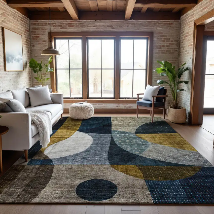Blue Gold And Beige Abstract Geometric Washable Area Rug With UV Protection Photo 2