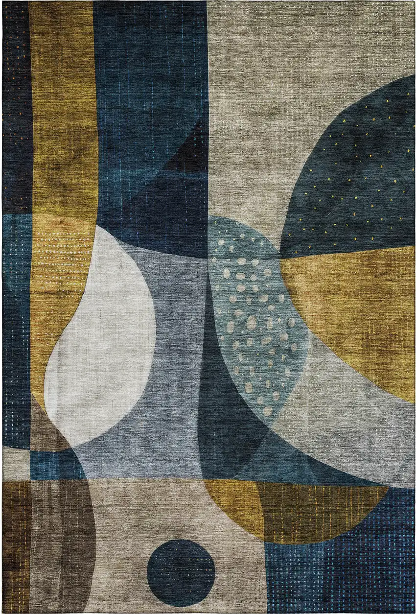 Blue Gold And Beige Abstract Geometric Washable Area Rug With UV Protection Photo 4