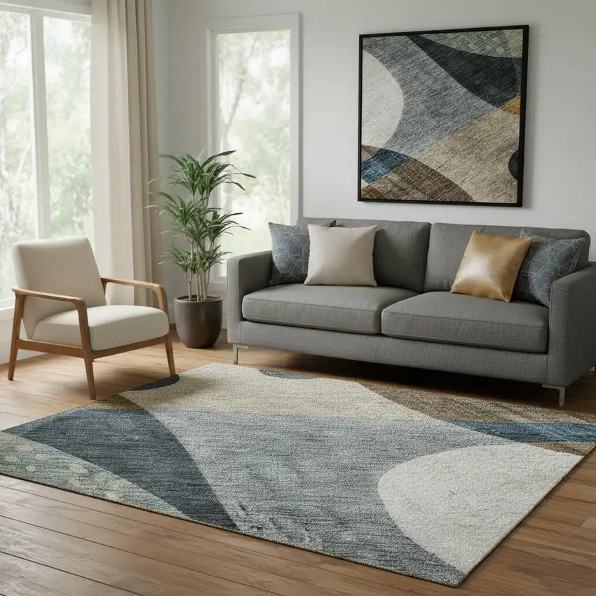 Blue Gold And Beige Abstract Geometric Washable Area Rug With UV Protection Photo 2