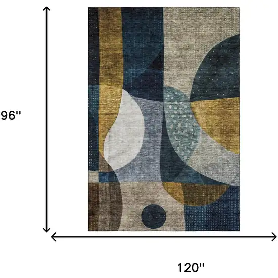 Blue Gold And Beige Abstract Geometric Washable Area Rug With UV Protection Photo 3