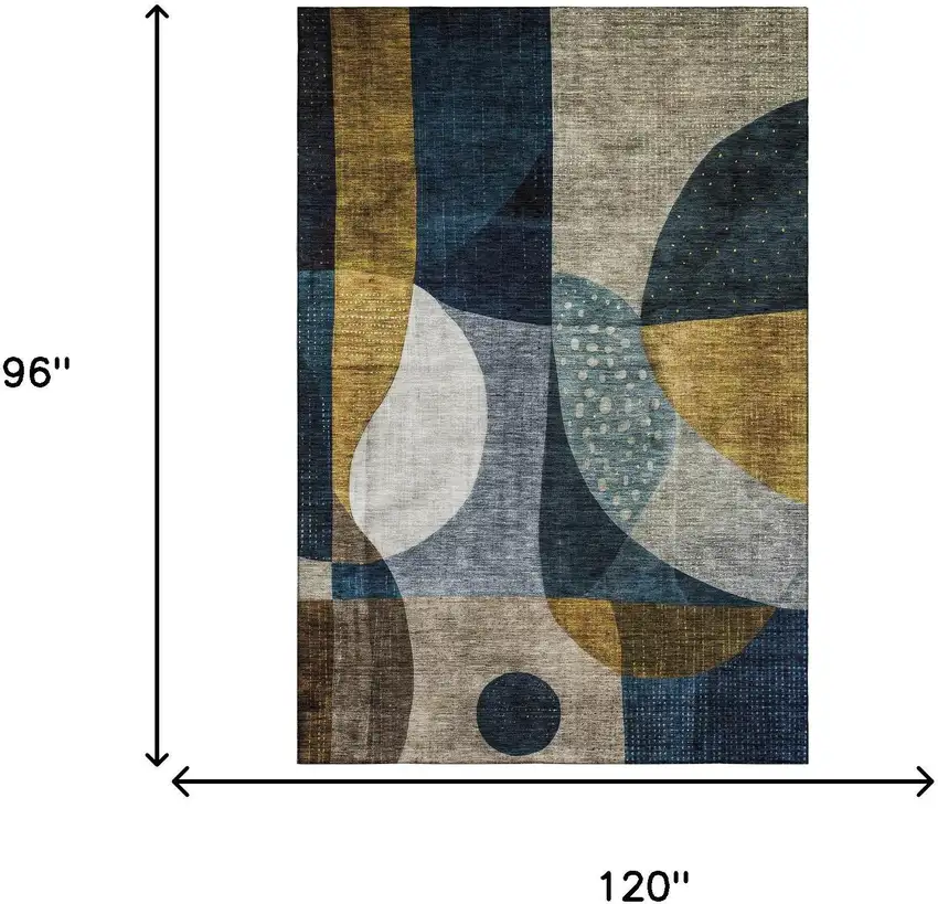 Blue Gold And Beige Abstract Geometric Washable Area Rug With UV Protection Photo 3