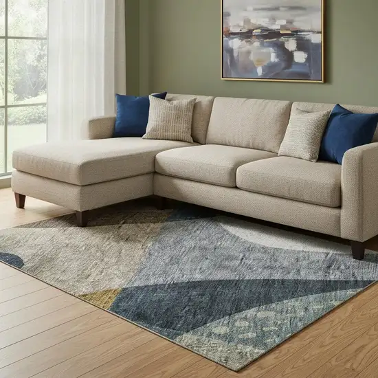 Blue Gold And Beige Abstract Geometric Washable Area Rug With UV Protection Photo 2