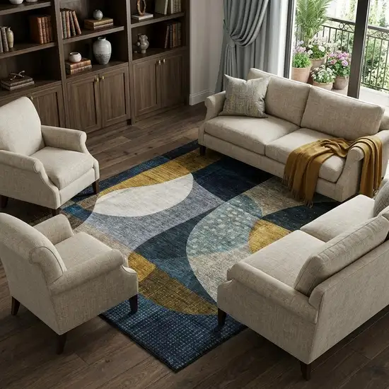 Blue Gold And Beige Abstract Geometric Washable Area Rug With UV Protection Photo 1