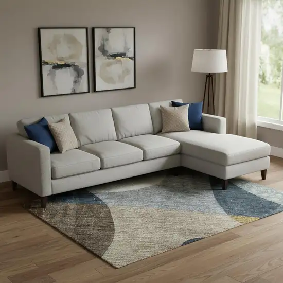 Blue Gold And Beige Abstract Geometric Washable Area Rug With UV Protection Photo 2