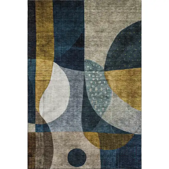 Blue Gold And Beige Abstract Geometric Washable Area Rug With UV Protection Photo 5
