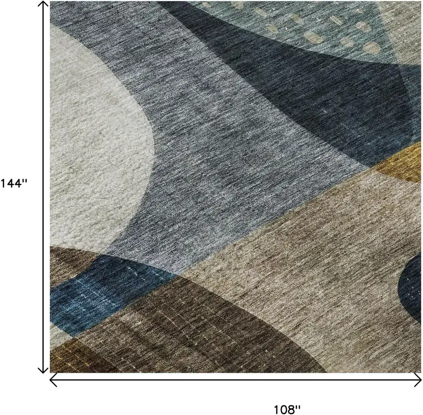 Blue Gold And Beige Abstract Geometric Washable Area Rug With UV Protection Photo 9