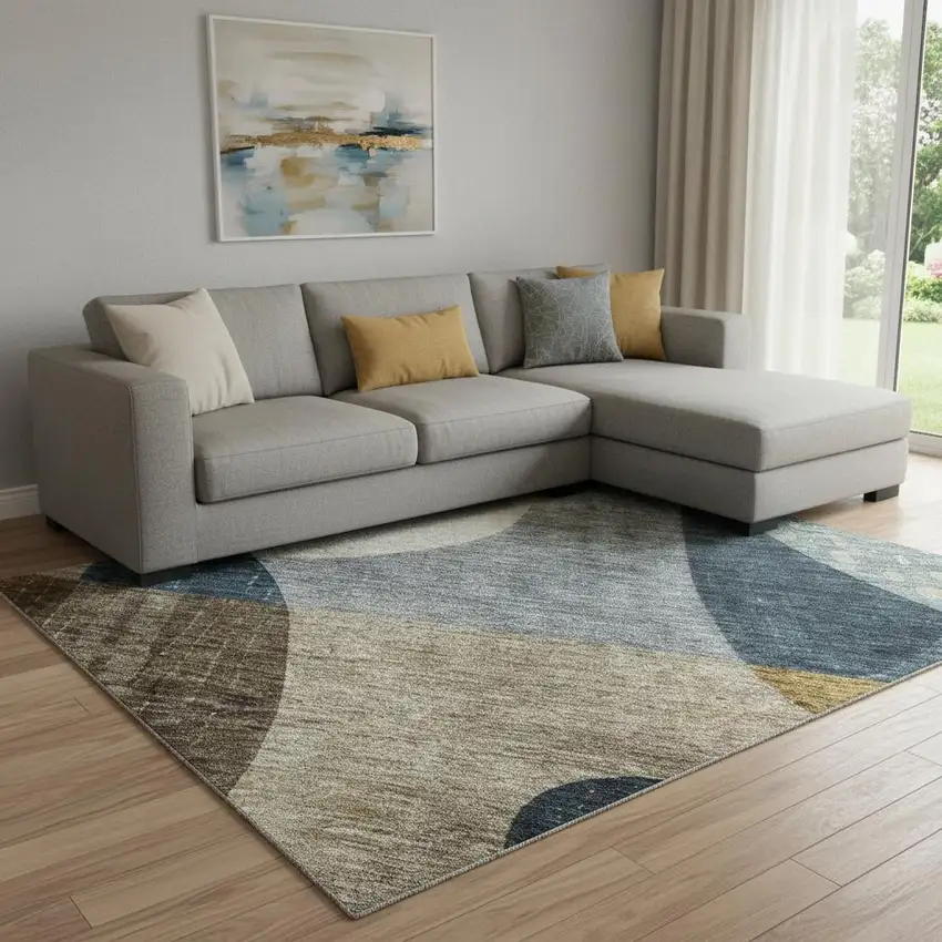 Blue Gold And Beige Abstract Geometric Washable Area Rug With UV Protection Photo 2