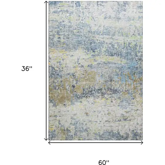 Blue Gold And Beige Abstract Washable Area Rug With UV Protection Photo 9