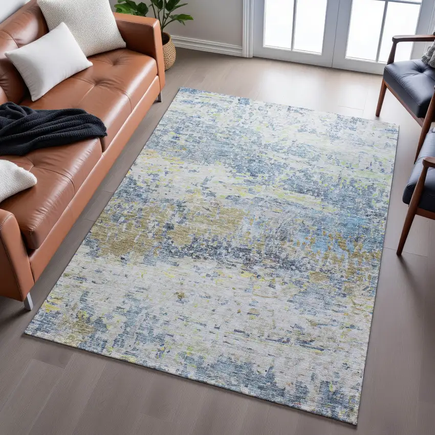 Blue Gold And Beige Abstract Washable Area Rug With UV Protection Photo 5