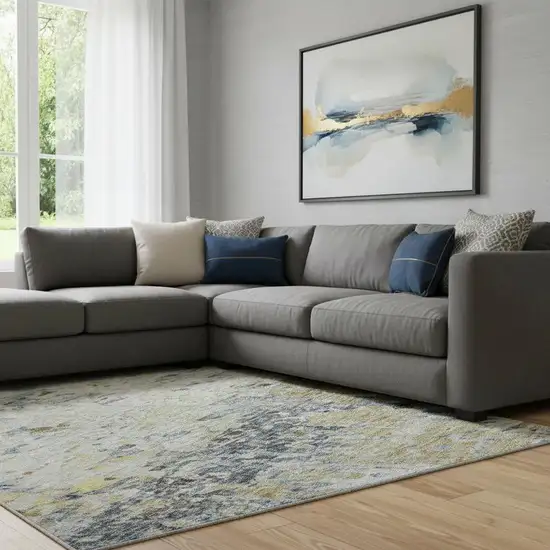 Blue Gold And Beige Abstract Washable Area Rug With UV Protection Photo 2