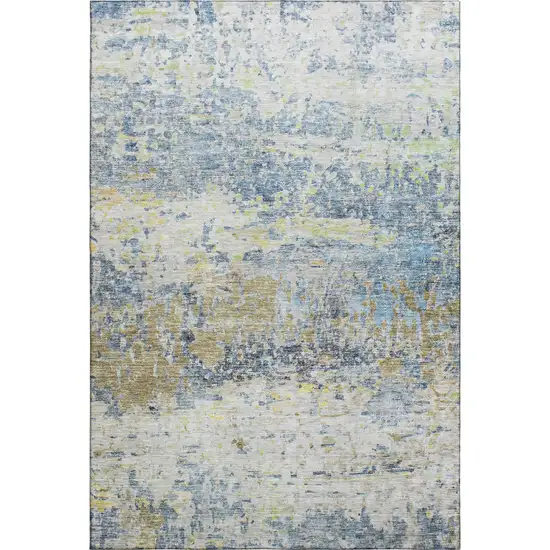 Blue Gold And Beige Abstract Washable Area Rug With UV Protection Photo 6
