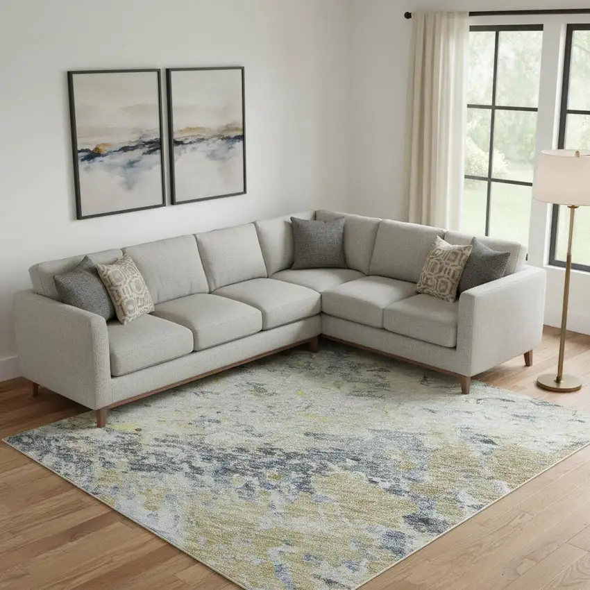 Blue Gold And Beige Abstract Washable Area Rug With UV Protection Photo 2