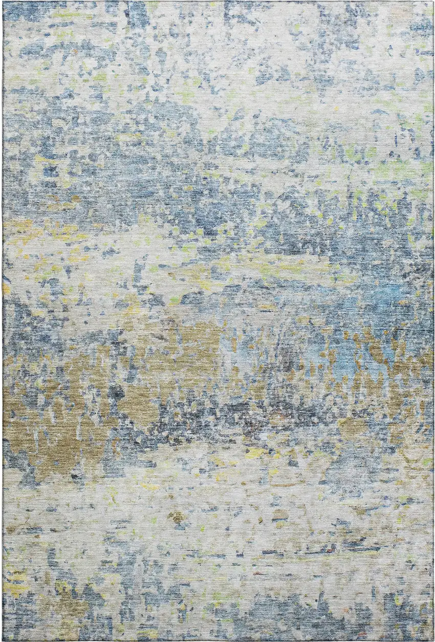 Blue Gold And Beige Abstract Washable Area Rug With UV Protection Photo 6