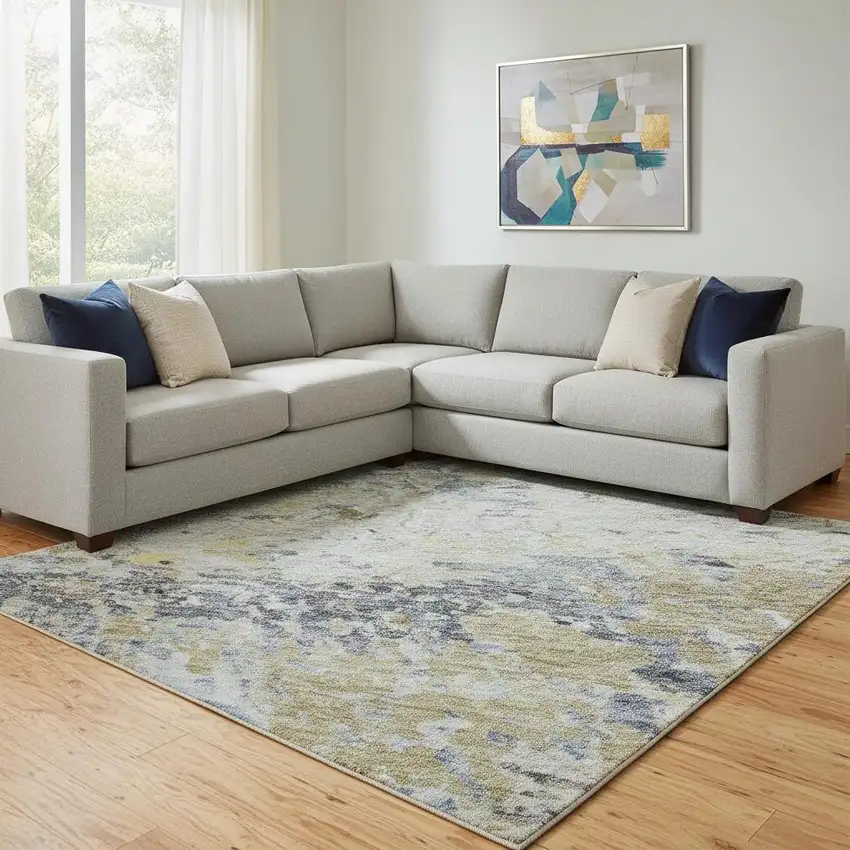 Blue Gold And Beige Abstract Washable Area Rug With UV Protection Photo 2